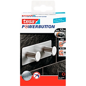 tesa Powerbutton Hakenleiste Classic, Edelstahl, 2 oder 3 Haken, hält bis max. 12 kg, 2 Haken