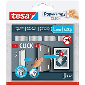 tesa® Powerstrips CLICK LARGE, 7,2 kg, 4 x 2 bandes, autocollantes, pour décoration murale plate