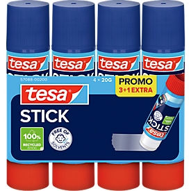 tesa® STICK Glue Stick, 20 g, with roll-stop, solvent-free, 100% recycled plastic casing, 3 pieces + 1 free