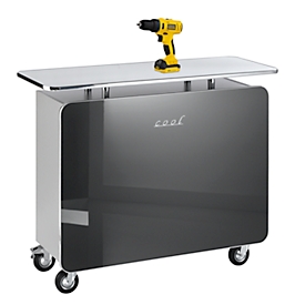Theke Cool graphit, Milchglasplatte, 6 Fächer, 4 Rollen (2 feststellbar), 1400×580×1130 mm, gratis Stanley FATMAX  Akku-Bohrschrauber
