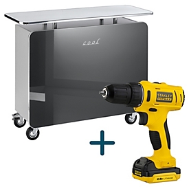 Theke Cool graphit, Milchglasplatte, 6 Fächer, 4 Rollen (2 feststellbar), 1400×580×1130 mm, gratis Stanley FATMAX  Akku-Bohrschrauber