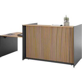 Theke Marino, klein, für 1 Person, elektrisch höhenverstellbar, Memorypanel, Akustikpaneele, Kabeldurchlass, mit Tisch, Holz, Eiche-Dekor/anthrazit