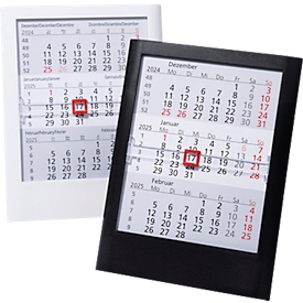 Tisch-Aufstellkalender Standard 2025/2026, 24 Seiten, roter Datumsschieber, B 120 x H 160 mm, Kunststoff, schwarz