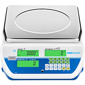 Tisch-Zählwaage Adam CCT 20M, Wägebereich 5 g-20 kg, LC-Display, RS-232, Netzanschluss/Akku, B 326 x T 355 x H 115 mm, Edelstahl, weiß-blau
