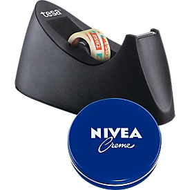 Tischabroller tesa Easy Cut® CURVE, inkl. Rolle L 10 m x B 19 mm + gratis Nivea-Dose 75 ml