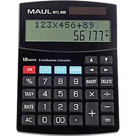 Tischrechner MAUL MTL800, 12 Stellen, 2 Zeilen, kaufmännische Funktionen, Solar- & Batteriebetrieb, B 140 x T 190 x H 30 mm, schwarz