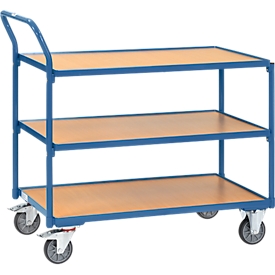 Tischwagen, 3 Ebenen, Stahl/Holz, blau-buche, B 850 x T 500 mm, bis 300 kg, TPE-Bereifung