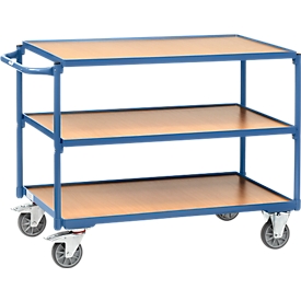 Tischwagen, leicht, 3 Etagen, L 850 x B 500 mm, bis 300 kg, Stahl/Holz, blau/buche