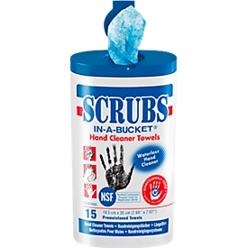 Toallitas limpiamanos SCRUBS® IN-A-BUCKET®, con fragancia de naranja, azul, cubo dispensador con 15 unidades