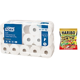 Toiletpapier TORK, 3-laags, 250 vellen per rol, 30 rollen + 1 pak Haribo Minis gummibeertjes GRATIS