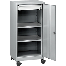 Tool cupboard on castors, hinged door, 2 shelves, 1 drawer, W 500 x D 500 x H 1000 mm, lockable, aluminium white