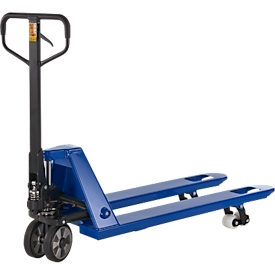 Transpalette, manuel, roues pivotantes en caoutchouc, roues tandem en nylon, longueur des fourches 1150 mm, jusqu'à 2500 kg, bleu