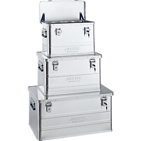 Transport box Alutec CLASSIC, set of 3 with 1 x 33 l, 1 x 53 l &amp; 1 x 93 l, cylinder locks, aluminum, silver