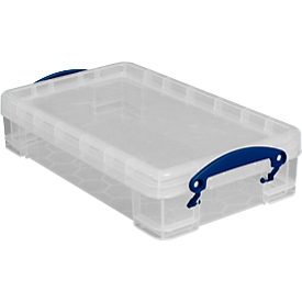 Transport box Really Useful Box, volume 4 l, L 395 x W 255 x H 85 mm, stackable, with lid &amp; folding handles, PP, transparent