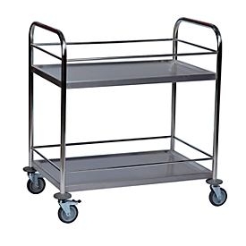 Transport trolley with stainless steel table, 2 levels, with rim, 825 x 500 mm