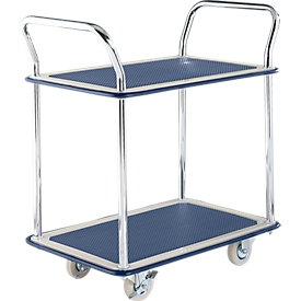 Transport trolley with table NB-104, 2 levels, L 790 x W 480 mm, up to 120 kg, blue, solid rubber castors, chrome-plated steel