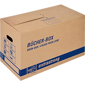 Transportdoos boekendoos, bijzonder stevig, versterkte draaggrepen, dubbele bodem, etiketvelden, B 580 x D 300 x H 340 mm, golfkarton, bruin