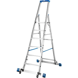 Trapladder, met 6 treden, aluminium, verrijdbaar met dwarssteun