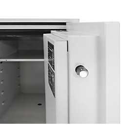 Tresor FRS 75, Feuerwiderstand LFS 60P nach EN 15659, Sicherheitsstufe S 2, Elektronikschloss, 1 Fachboden & 1 ausziehbare Schublade, B 485 x T 450 x H 792 mm, lichtgrau RAL 7035