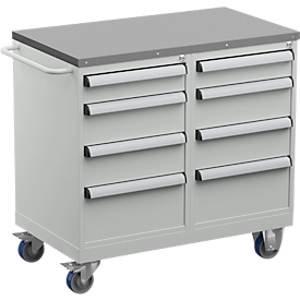 Treston TWIN 3 gereedschapswagen, stalen onderstel, tot 300 kg, 8 laden, afsluitbaar, duwbeugel, staal, lichtgrijs RAL 7035