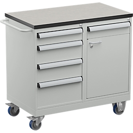 Treston Werkzeugwagen TWIN 1, Vinyl-Platte, bis 300 kg, 5 Schübe, 1 Schrankfach, abschließbar, Schiebebügel, Stahl, lichtgrau RAL 7035