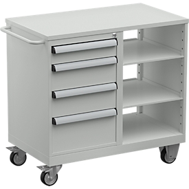 Treston Werkzeugwagen TWIN 5 ESD, Stahlauflage, bis 300 kg, 4 Schübe, 2 Ablageböden, abschließbar, Schiebebügel, Stahl, lichtgrau RAL 7035