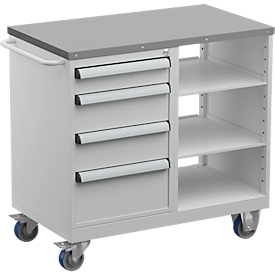 Treston Werkzeugwagen TWIN 5, Stahlauflage, bis 300 kg, 4 Schübe, 2 Ablageböden, abschließbar, Schiebebügel, Stahl, lichtgrau RAL 7035