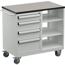 Treston Werkzeugwagen TWIN 5, Vinyl-Platte, bis 300 kg, 4 Schübe, 2 Ablageböden, abschließbar, Schiebebügel, Stahl, lichtgrau RAL 7035