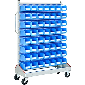 Trolley v. magazijnbakken, eenzijdig, b 1130 x d 510 x h 1705 mm, 56 x 3 l blauw