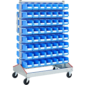 Trolley v. magazijnbakken, tweezijdig, B 1130 x D 710 x H 1705 mm, 112 x 3 l blauw