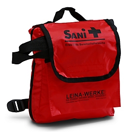 Trousse de premiers secours Leina-Werke SANi, rouge, en nylon robuste, fermetures à glissière et à velcro, sangle réglableQuestionsExplications