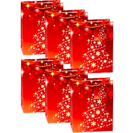 TSI-cadeauzakjesset serie 10, 6-delig, 6 x motief „Sterren en sneeuwvlokken“, B 180 x D 100 x H 230 mm, PP-folie, goud-rood