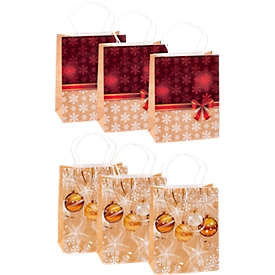 TSI-cadeauzakjesset serie 4, 3 x motief „Sneeuwvlokken en kerstballen“/3 x motief „Sneeuwvlokken met rode strik“, kraftpapier, in verschillende kleuren