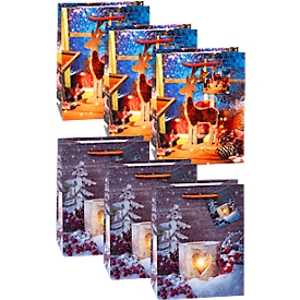 TSI-cadeauzakjesset serie 7/10, 6-delig, 3 x motief „Rendier“/3 x motief „Hout met hart“, B 180 x D 100 x H 230 mm, PP-folie, in verschillende kleuren