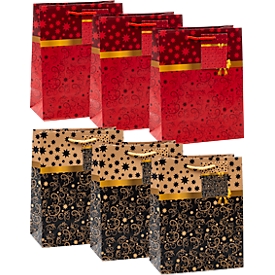 TSI-cadeauzakjesset serie 9, 6-delig, 3 x motief „zwart/goud met strik“/3 x motief „rood/goud met strik“, PP-folie, goud-rood-zwart