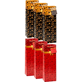 TSI Weihnachts-Flaschentaschen Set Serie 9, 6-teilig, 3 x Motiv „schwarz/gold mit Schleife“/3 x Motiv „rot/gold mit Schleife“, Beschriftungskärtchen, PP-Folie