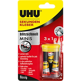 UHU secondelijm blitzschnell mini's 3 x 1 g, vloeibaar, watervast, set van 3