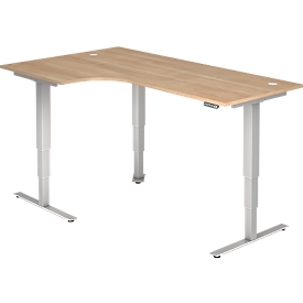 ULM angled desk, electrically height-adjustable, 90° angle left, T-leg, W 2000 x D 1200 x H 625-1275 mm, walnut/white aluminum + memory switch