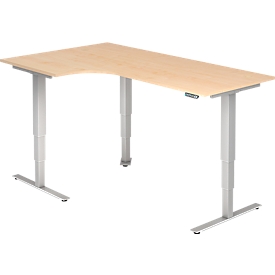 ULM escritorio angular, regulable eléctricamente en altura, ángulo de 90° a la izquierda, pata en T, AN 2000 x F 1200 x AL 625-1275 mm, arce/aluminio blanco + interruptor de memoria