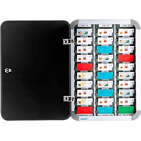 Ultradex kaartenbak, voor maximaal 30 kaarten, afsluitbaar, incl. 50 insteekkaarten elk in rood/blauw/groen, B 385 x H 545 mm, aluminium, aluminium zilver