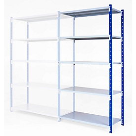 Universal clip-on shelving, additional module, 5 shelves made of sheet steel, load capacity 200 kg, W 1250 x H 2000 x D 300 mm