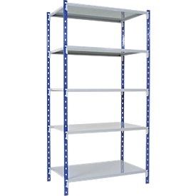 Universal clip-on shelving unit, base module, 5 sheet steel shelves, load capacity 125 kg, W 1000 x H 2000 x D 300 mm