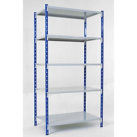 Universal clip-on shelving unit, base module, 5 sheet steel shelves, load capacity 200 kg, W 1000 x H 2000 x D 300 mm