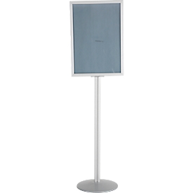 Update Display Infoständer, doppelseitig, Stahl-Fußplatte, ovales Zentralprofil, DIN A2 Hoch-/Querformat, silber