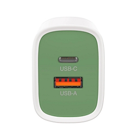 USB snellaadadapter GP 20W PD, 1x USB-A & 1x USB-C aansluiting, verwisselbare stekkers (UK, EU, CN), wit-groen