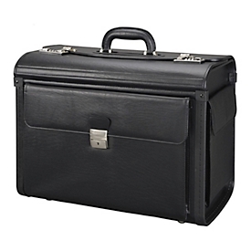 Valise de pilote Alassio VICENZA, compartiment principal, compartiment pour ordinateur portable jusqu'à 17'', dispositif pour dossiers suspendus, passants pour stylos, poignée de transport, verrouillable, similicuir, noir