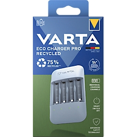 VARTA Akku Ladegerät Eco Charger Pro Recycled Box, aus 75% Recyclingmaterial, inkl. USB-Typ-C Ladekabel