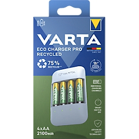 VARTA batterijlader Eco Charger Pro Recycled, gemaakt van 75% gerecycled materiaal, incl. USB type C oplaadkabel en 4x AA 2100 mAh NiMH-batterijen