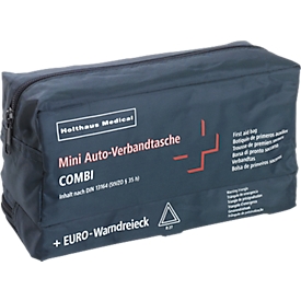 Verbanddoos Holthaus Medical Mini COMBI, voor de auto, inhoud volgens DIN 13 164, incl. gevarendriehoek, B 220 x D 80 x H 120 mm, nylon, blauw