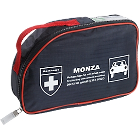 Verbanddoos MONZA, voor de auto, inhoud volgens DIN 13 164, B 250 x D 70 x H 150 mm, nylon, blauw-rood